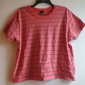 Vintage L.L. Bean Women's Pink Wide-Striped Short Sleeve Shirt